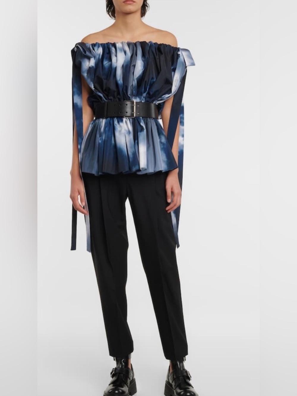 NWOT Alexander McQueen Off‑Shoulder Tie‑Detail Sky blue Printed Top, IT38